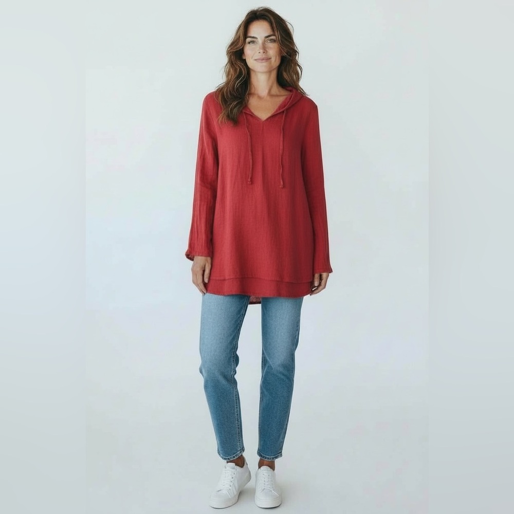 Flax Hoodie - Linen Hooded Tunic Shirt Red Size Small Long Sleeve